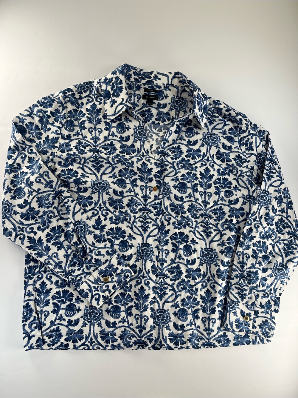 Talbots White and Blue Floral V Neck Shirt W/ Gold Buttons Sz L